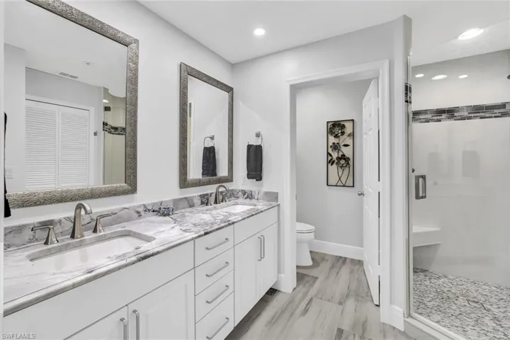 Bathroom with vanity, a shower with shower door, and toilet