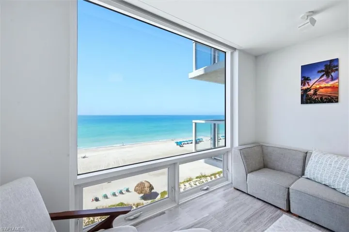 Seating area with Beach views