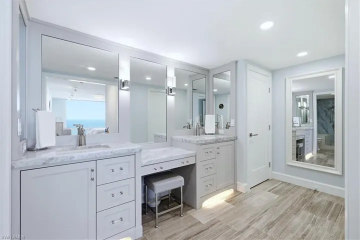 Marble counters, dual sinks.