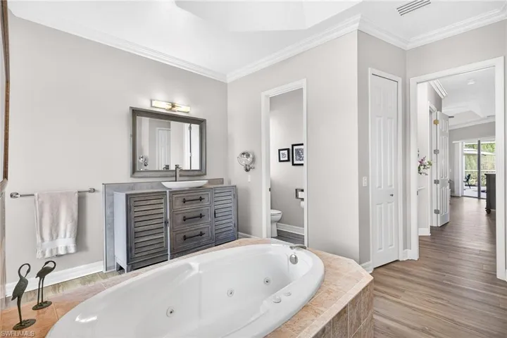 Bathroom featuring crown molding, a whirlpool tub, light wood finished floors, and vanity