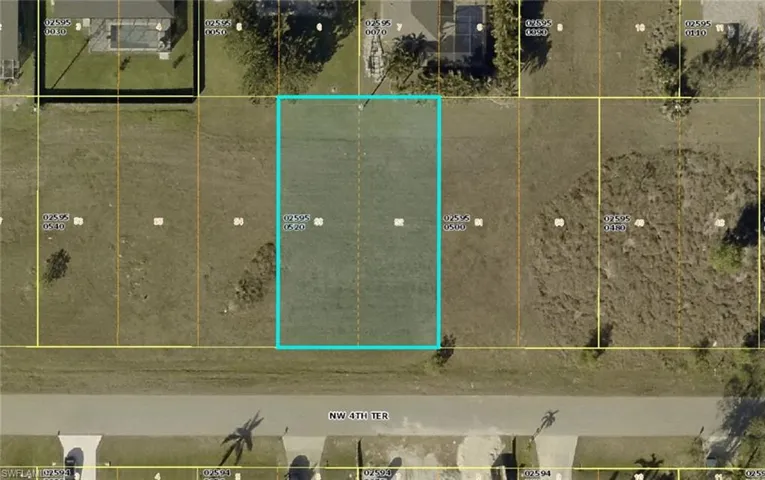 Aerial map of property and surrounding area with property boundaries highlighted
