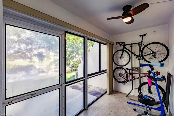 Exercise area featuring ceiling fan