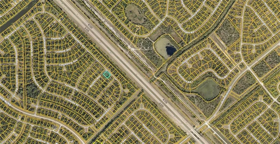 Plat Map. Illustrating the subdivision of land parcels, including roads, waterways, and the highlighted property