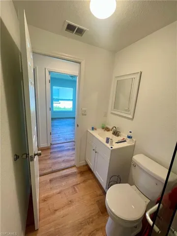 Bathroom with hardwood / wood-style flooring, vanity, toilet, and a textured ceiling