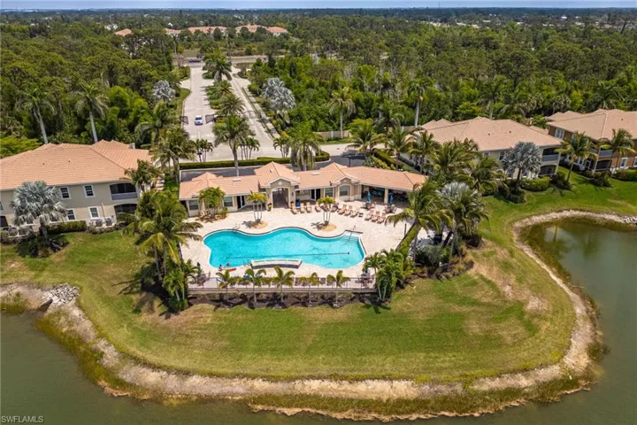 Bird's eye view of a pool and a nearby body of water