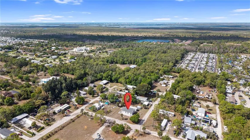 Aerial view of residential area with a forest and a nearby body of water