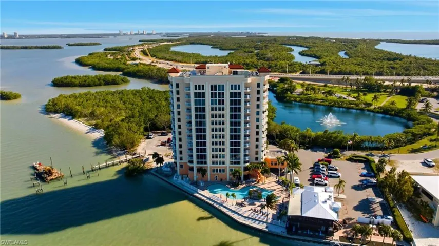 Arial of the building, pool, and restaurant