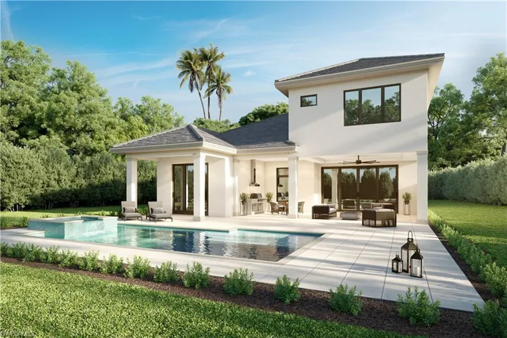 Rear view of house with an outdoor hangout area, an outdoor pool, a patio area, stucco siding, and a ceiling fan