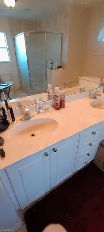 Bathroom featuring a stall shower and double vanity