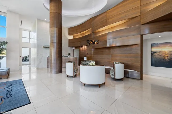 Building lobby with a towering ceiling