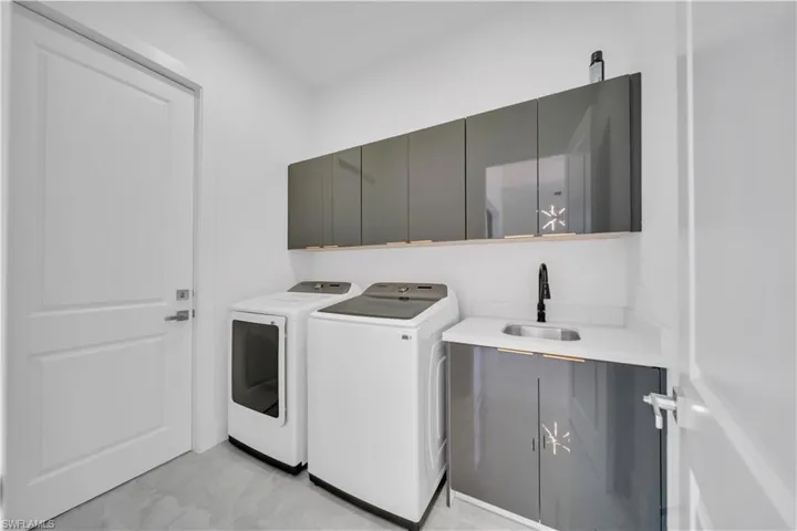Laundry room featuring cabinet space and independent washer and dryer