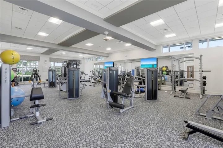 Exercise room featuring a healthy amount of sunlight, carpet flooring, and a paneled ceiling