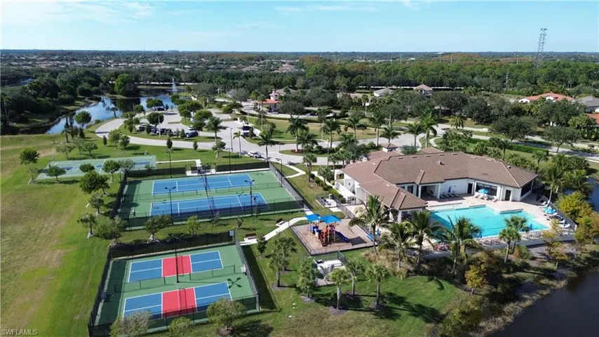 Bird's eye view of a pool and a nearby body of water