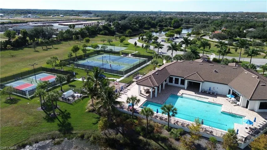 Drone / aerial view of a pool