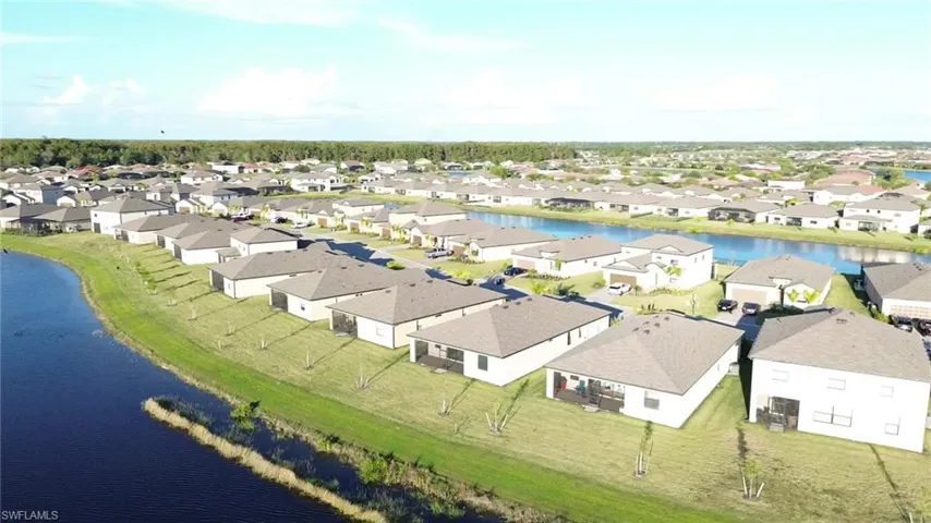 Aerial perspective of suburban area with a large body of water