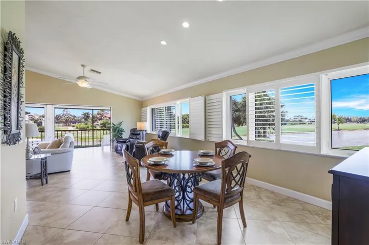Spacious Dining Area, Plantation Blinds, Crown Molding