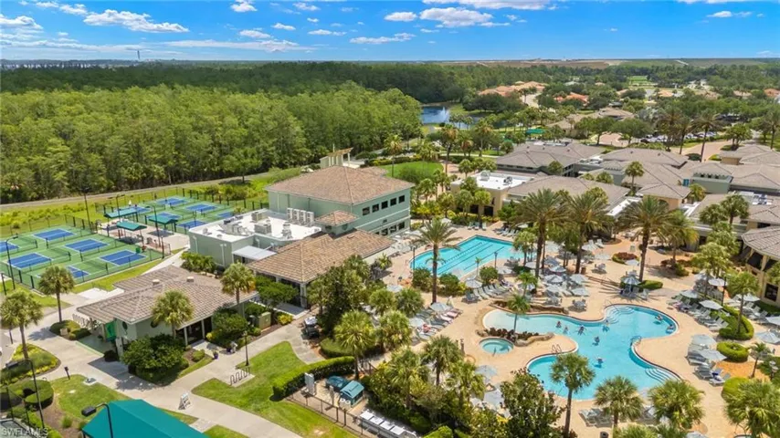 Bird's eye view of a pool and a heavily wooded area