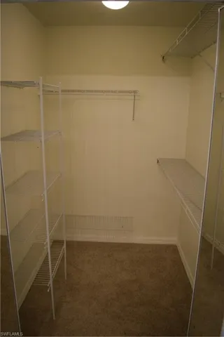 Walk in closet featuring dark carpet