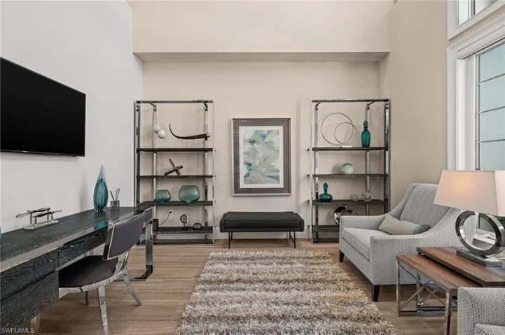 Home office with light wood-style floors