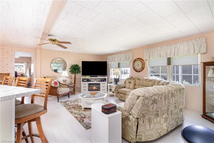 Living room with a ceiling fan and a glass covered fireplace