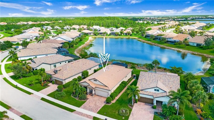 Aerial perspective of suburban area with a nearby body of water