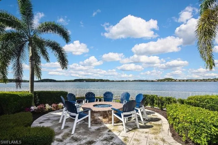 View of patio / terrace featuring a fire pit and a water view