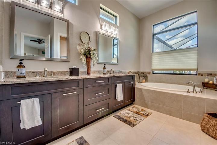 Double Sink Vanity with Clear Story Impact Windows above, large window to view outside from your beautiful tub