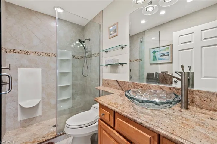 Bathroom with vanity, toilet, and a shower with shower door