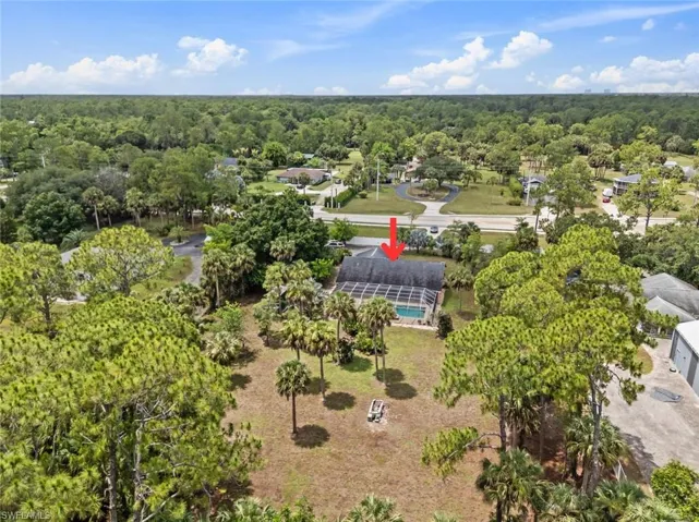 Aerial perspective of home with a private swimming pool, screened enclosure, and mature palm trees