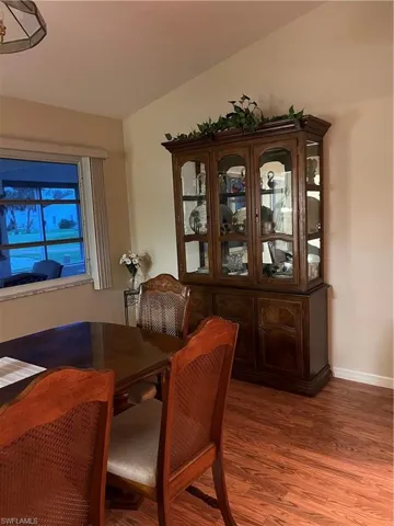 Wood-finish flooring throughout the space