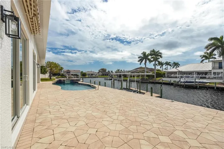 View of swimming pool featuring a boat dock and a water view