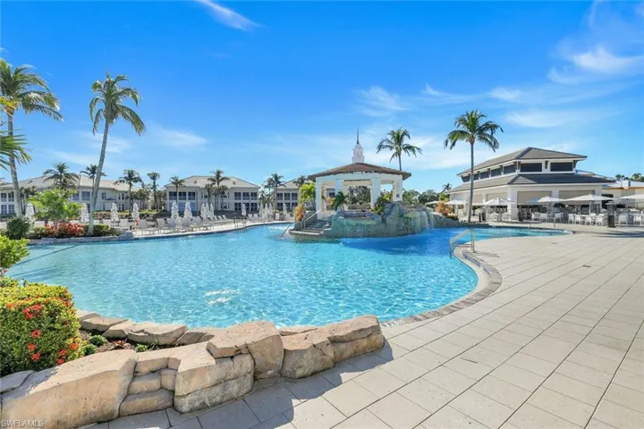 Community pool with a gazebo and a patio area
