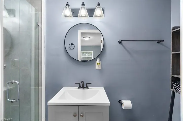 Full bath with vanity and a shower stall