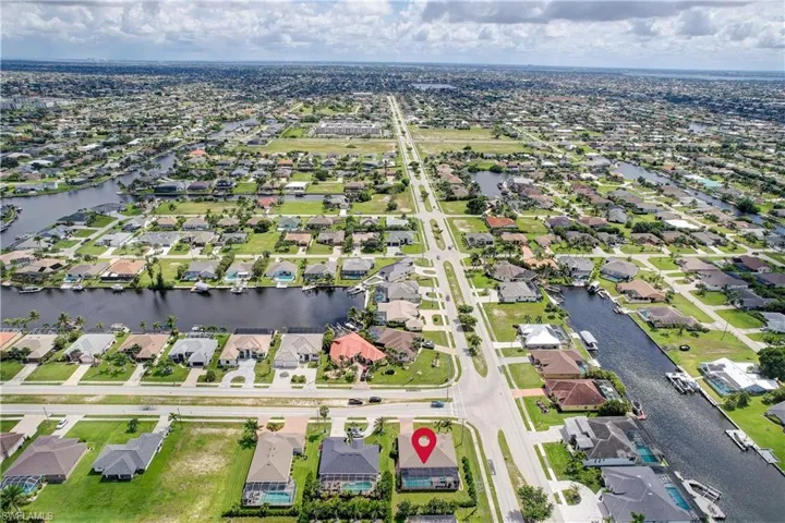 Birds eye view of neighborhood looking east
