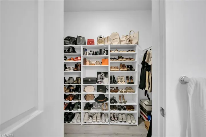 Walk in closet with light wood-style flooring