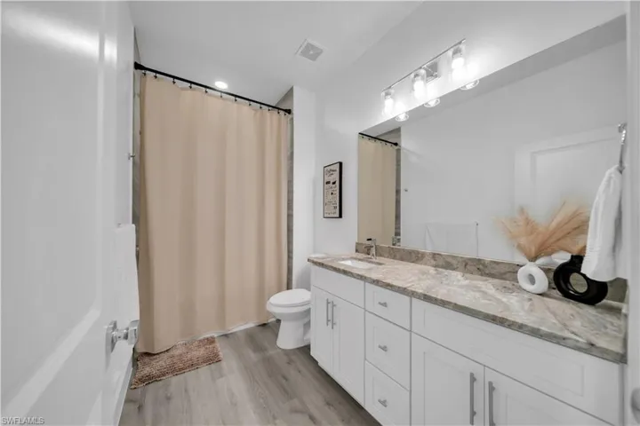 Full bathroom featuring vanity, light wood-style floors, and a shower with curtain