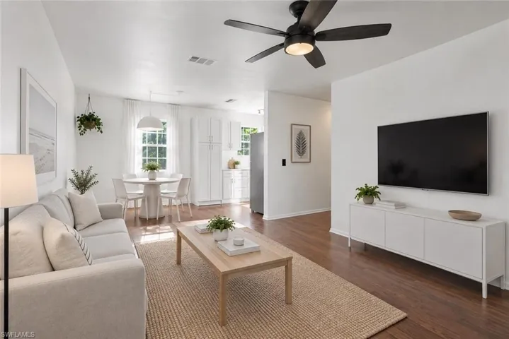 Living & dining area flow into kitchen.