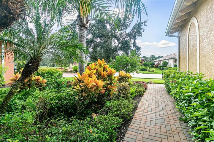 Brick paver walkway through lush landscaping