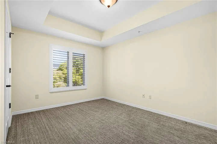 Room featuring a tray ceiling, plantation shutters, and textured carpeting