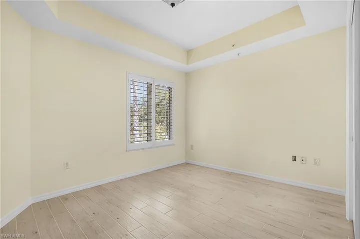 Spacious room featuring light wood-finish flooring, a tray ceiling, and a large window with plantation shutters