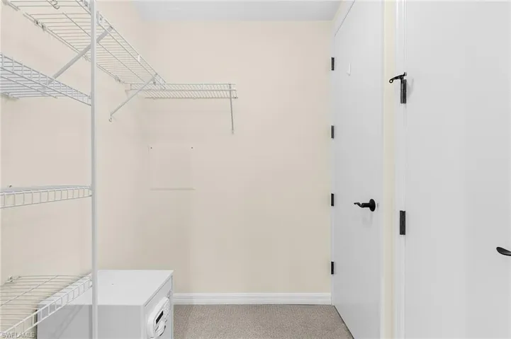 Walk-in closet featuring wire shelving, wire hanging rods, neutral wall paint, white baseboards, and carpet flooring