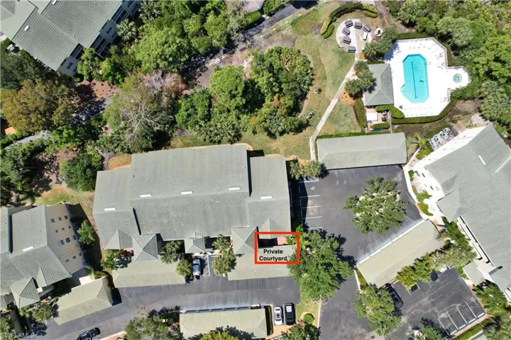 Aerial View Showing Private Courtyard that leads to direct access to garage.