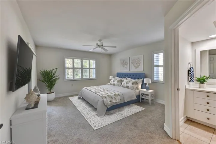View of Master Bedroom from Doorway. Virtually Staged.