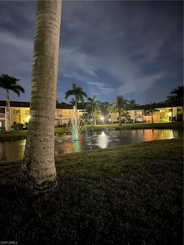 Night view of courtyard and water feature