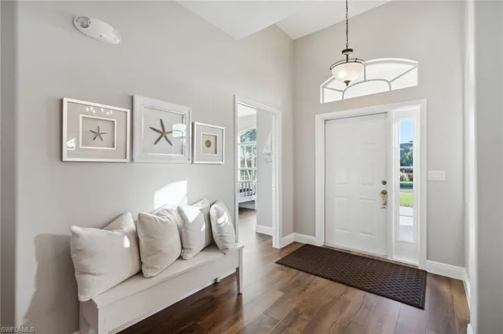Foyer entrance featuring a high ceiling and dark wood-type flooring
