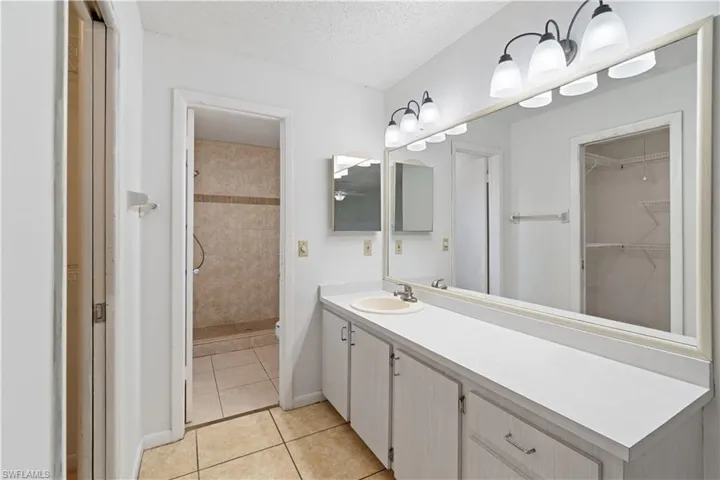 Primary Bathroom featuring vanity, tile patterned flooring, a shower, a spacious closet