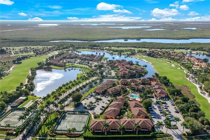 Aerial perspective of suburban area with a golf club and a large body of water