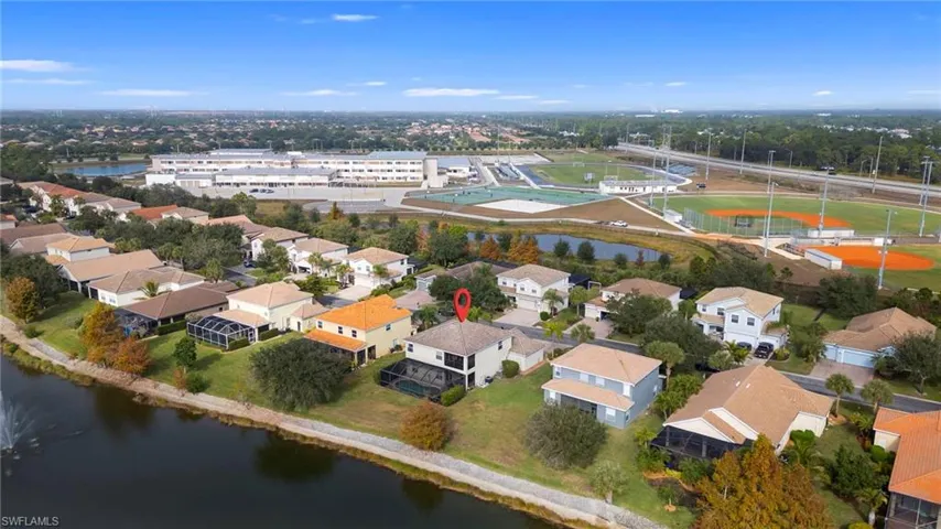 Aerial perspective of suburban area featuring a nearby body of water