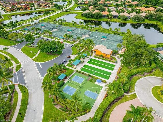 Aerial view of residential area with a large body of water