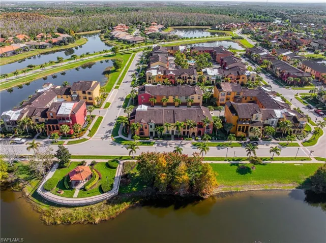 Aerial perspective of suburban area featuring a nearby body of water